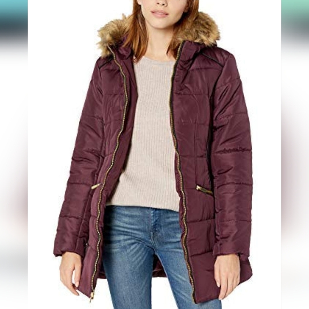 Celebrity Pink Puffer Jacket Coat Faux Fur Trim Hood Port Juniors XL Maroon